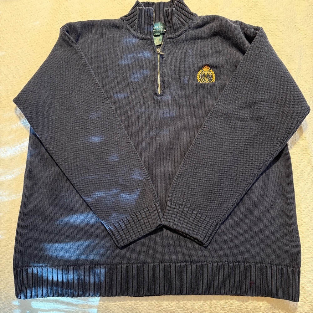 Vintage Lauren Ralph Lauren Cotton Quarter Zip Large Navy Large Embroidered